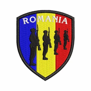 Emblema brodată ROMANIA cu soldați pe fundal tricolor